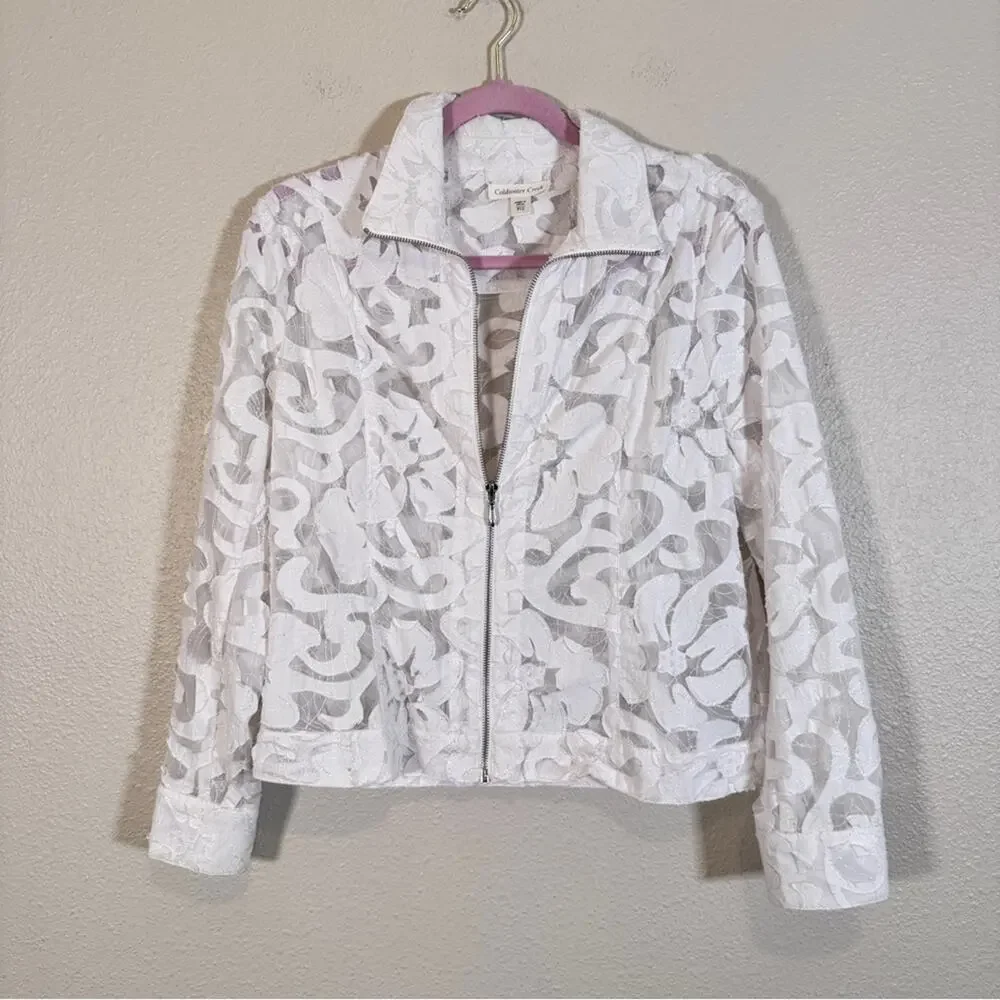 Coldwater Creek White Lace Sheer Full Zip Jacket Womens 12P Boho Coquette Girly